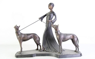 A Reproduction Bronze Figural Group of A Lady with Hounds (H 41cm x L 54cm)