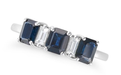 A SAPPHIRE AND DIAMOND RING in 18ct white gold, set with a row of alternating rectangular step cut