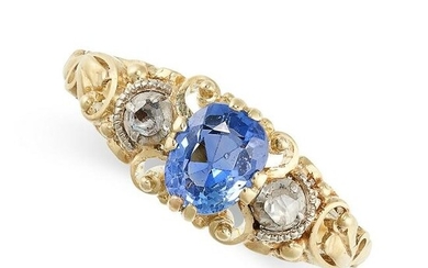 A SAPPHIRE AND DIAMOND RING set with a cushion cut blue