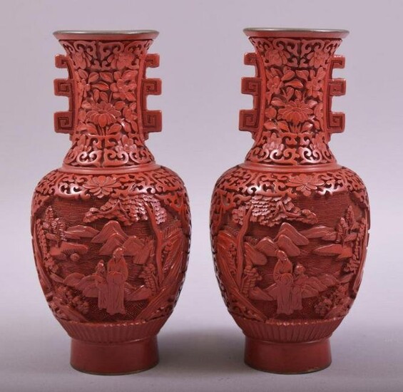 A SMALL PAIR OF CHINESE CINNABAR LACQUER TWIN HANDLE