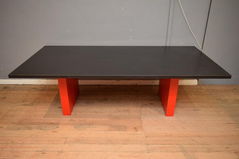 A SUBSTANTIAL CONTEMPORARY GRANITE TOP DINING TABLE (73H X 240W X 116D CM) (PLEASE NOTE THIS HEAVY ITEM MUST BE REMOVED BY CARRIERS...