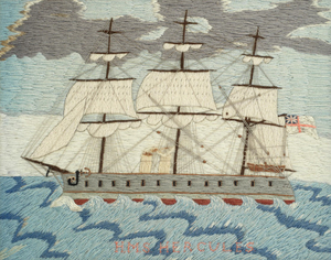 A Sailor's woolwork picture of the Steam and Sail War Ship HMS 'Hercules', English, late 19th Century
