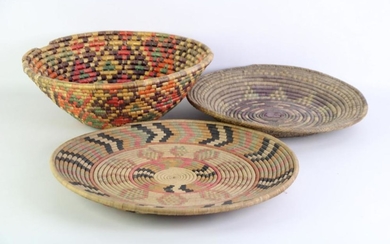 A Set Of Three Hand Woven African Bowls And Platters Largest Dia 43cm