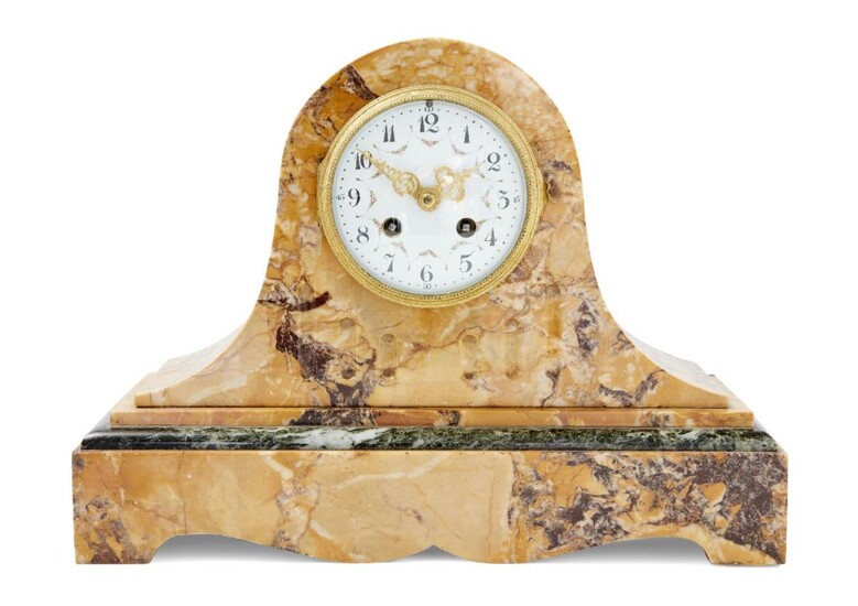 A Sienna marble mantle clock, second half 19th century, the marble case having plinth base with shaped apron and bracket supports, the white enamel dial with Arabic numerals and floral swags, the eight day twin train movement striking on a bell...