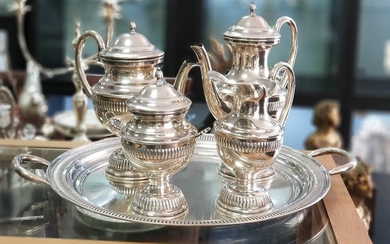 A TEA AND COFFEE SET WITH TRAY - .925 silver - Portugal - Late 20th century