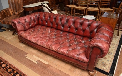A THREE-SEATER BUTTON-BACK CHESTERFIELD (A/F) (H 66 X W 222 X D 103 CM)