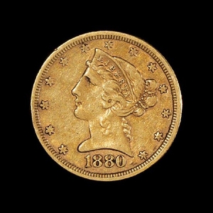 A United States 1880Liberty Head$5 Gold Coin