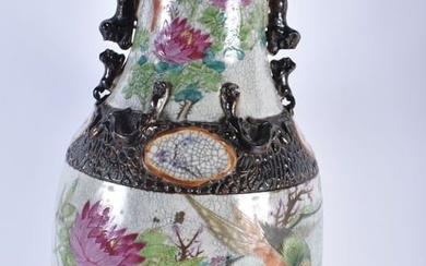 A VERY LARGE 19TH CENTURY CHINESE CRACKLE GLAZED PORCELAIN VASE Qing, painted with birds and bold fo