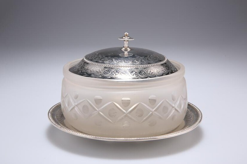 A VICTORIAN GLASS BUTTER DISH WITH SILVER LID, by