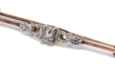 A VINTAGE DIAMOND BAR BROOCH; set in 18ct white gold on an approx. 12ct bar with an Old European Cut diamond of approx. 0.12ct, meta...