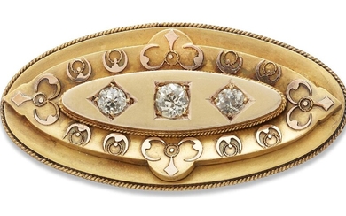 A Victorian 15ct gold, diamond three stone brooch, the navette shaped brooch set with three brilliant-cut diamonds, c.1890, in retailers case, length 4.4cm.