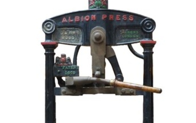 AMENDMENT - please note that the press comes with extra items and fittings. Also we cannot guarantee the working order of the press. A Victorian cast iron Albion printing press, circa 1860, by J & RM Wood, London, the finial above arched frame and...