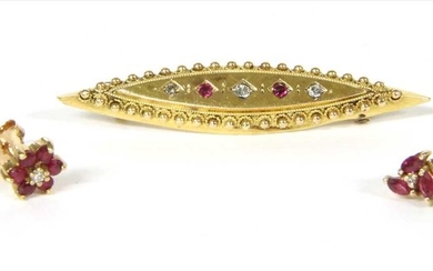 A Victorian gold Etruscan style diamond and ruby brooch
