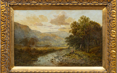 A. WARD ...?, SIGNED OIL ON CANVAS 1885, H 24" W 29" LANDSCAPE WITH FISHERMAN