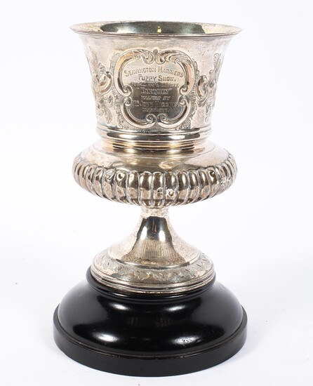 A William IV silver trophy of urn form, with repousse decorated floral sprays, over gadroons
