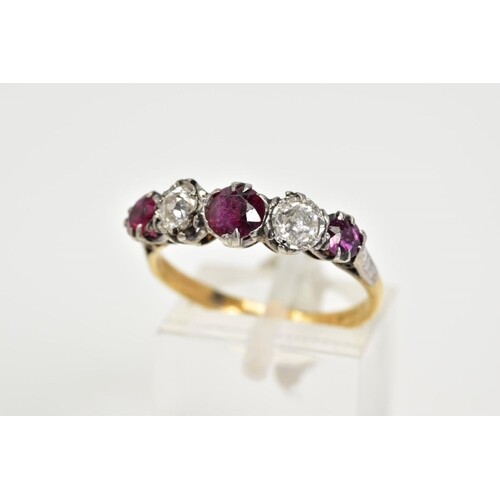 A YELLOW METAL RUBY AND DIAMOND FIVE STONE RING, designed wi...