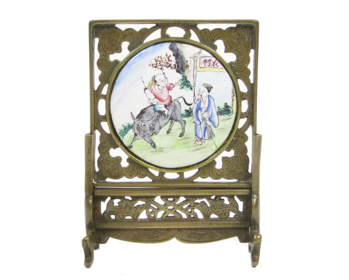 A bronze and Canton enamel small table screen