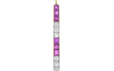 A calibre-cut ruby and brilliant-cut diamond pendant, with chain.