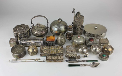 A collection of approx thirty two mostly eastern white metal boxes and receptacles