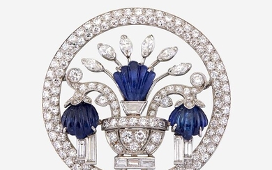 A diamond, carved sapphire, and platinum brooch, J. E. Caldwell & Co.