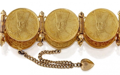 A facsimile gold coin bracelet, composed of five medallions each depicting the portrait of Naser al-Din Shah Qajar, Shah of Persia, with hinged connections and screw fitting clasp