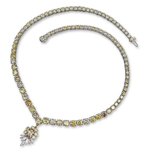 A fancy coloured diamond necklace, set with graduated...
