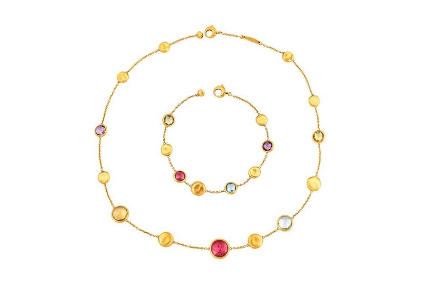 A gold and gem-set necklace, bracelet and earring suite, by Marco Bicego