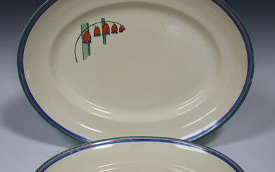 A graduated pair of Clarice Cliff Fantasque Solomon's Seal pattern oval meat dishes, impressed