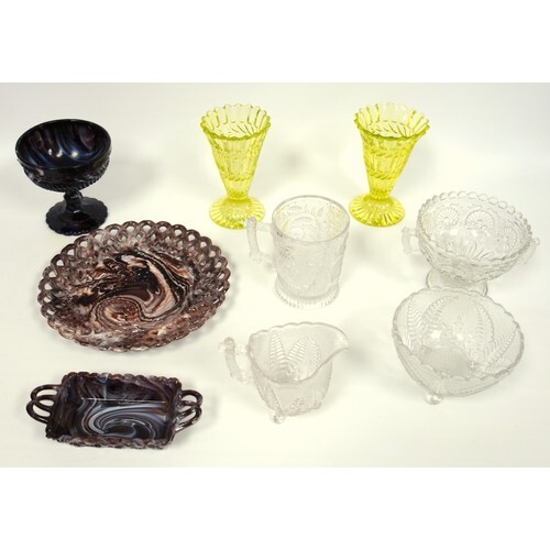 A group of 19th C pressed glass, a pair of Uranium glass tru...