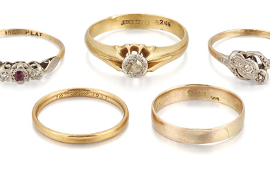 A group of five rings, comprising: a gold single stone...