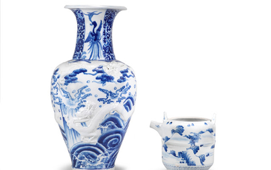 A large blue-and-white porcelain vase and a ewer