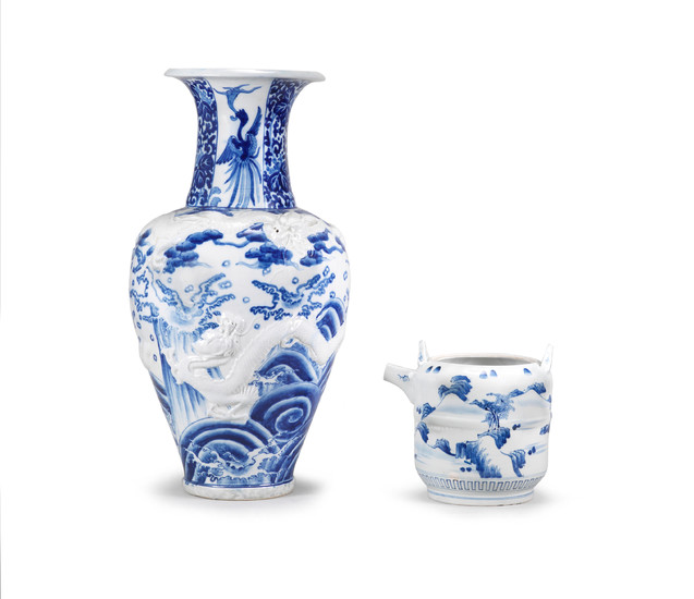 A large blue-and-white porcelain vase and a ewer