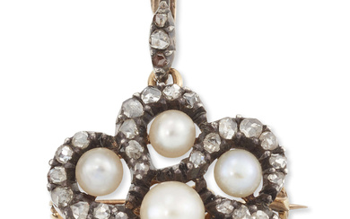 A late 19th century pearl and diamond cluster brooch/pendant, of...