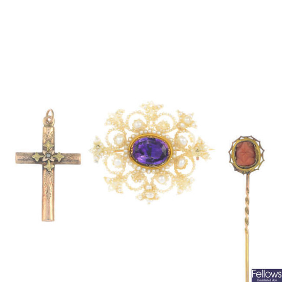 A late Georgian gold amethyst, mother-of-pearl and seed pearl brooch, with two further jewellery items.