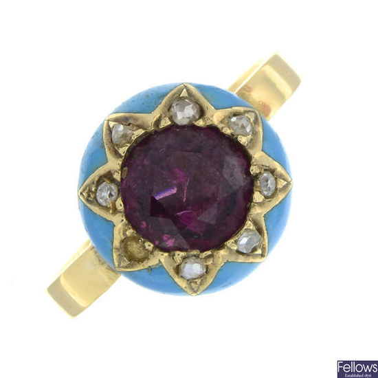 A late Victorian 15ct gold garnet, rose-cut diamond and enamel scarf ring.