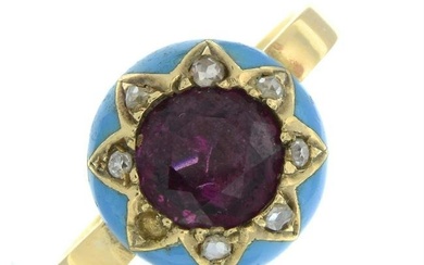 A late Victorian 15ct gold garnet, rose-cut diamond and enamel scarf ring.
