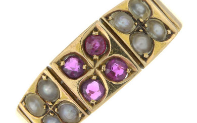 A late Victorian 15ct gold ruby and split pearl band ring.