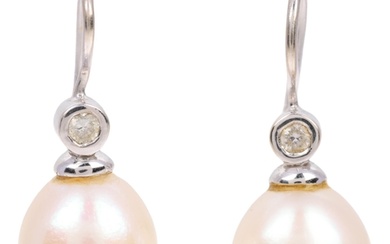 A pair of 18ct white gold whole pearl and diamond earrings, ...