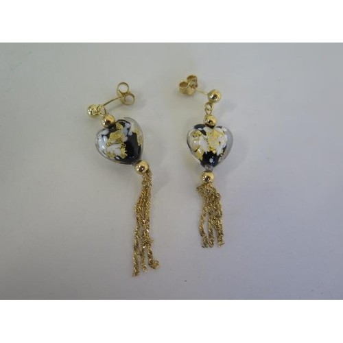 A pair of 9ct drop earrings, set with Murano style glass hea...