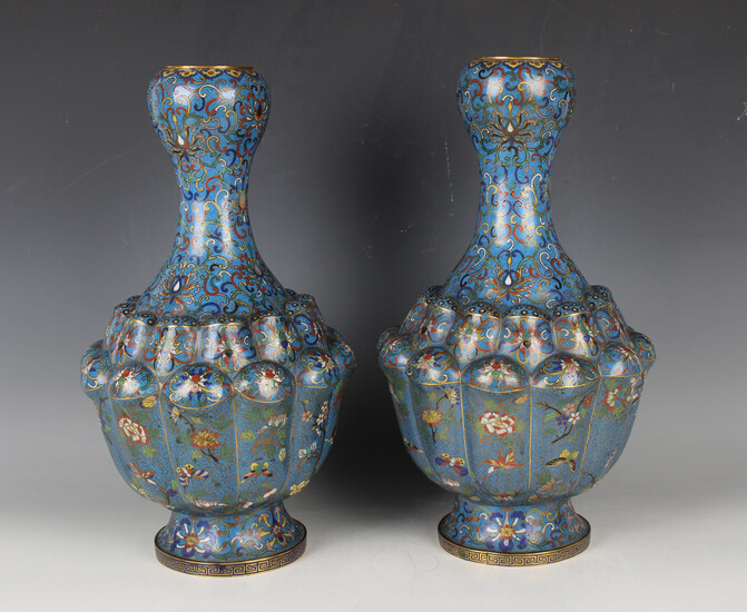 A pair of Chinese cloisonné vases, late Qing dynasty, of baluster form, each body modelled as l