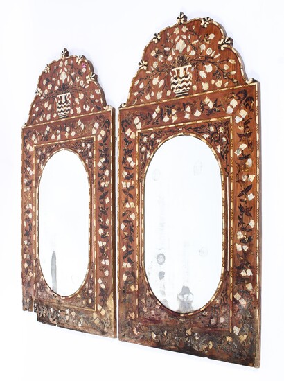 A pair of Continental marquetry inlaid arched rectangular mirrors, 20th century