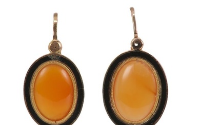 A pair of French early 19th century cornelian and enamel 'poissarde' earrings