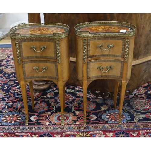 A pair of French marquetry inlaid gilt metal mounted kidney ...