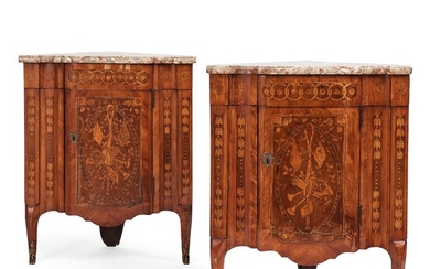 A pair of Louis XVI corner cupboards by Francois Gaspard Teunè (master in Paris from 1766), 18th century.
