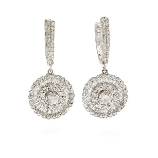 A pair of diamond ear pendants each set with numerous brilliant-cut and trapez-cut diamonds totalling app. 2.00 ct., mounted in 18k white gold. (2)