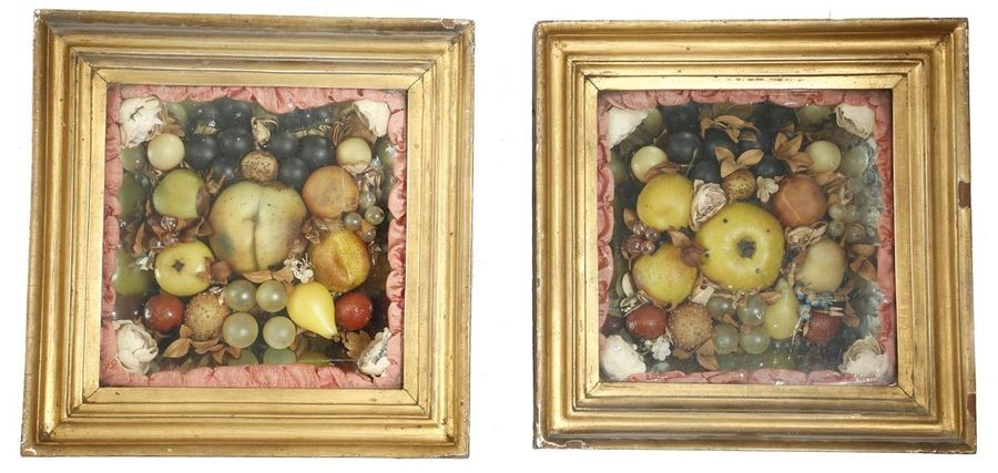 A pair of early Victorian painted wax dioramas, of…