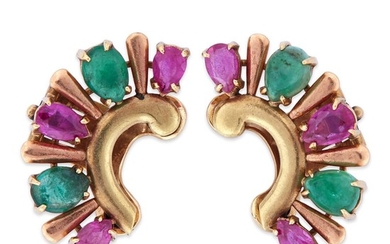 A pair of fourteen karat gold, ruby, and emerald...