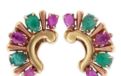 A pair of fourteen karat gold, ruby, and emerald