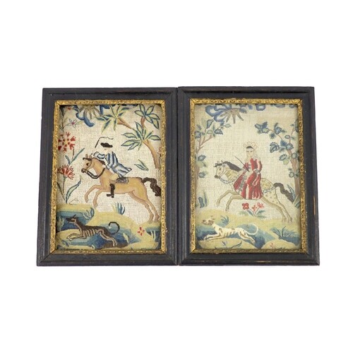 A pair of framed early 18th century needlework panels of a l...