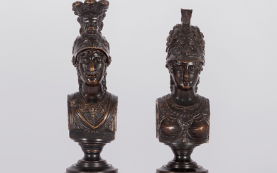 A pair of patinated Charles X bronze busts of Mars and Minerva, early 19th Century.